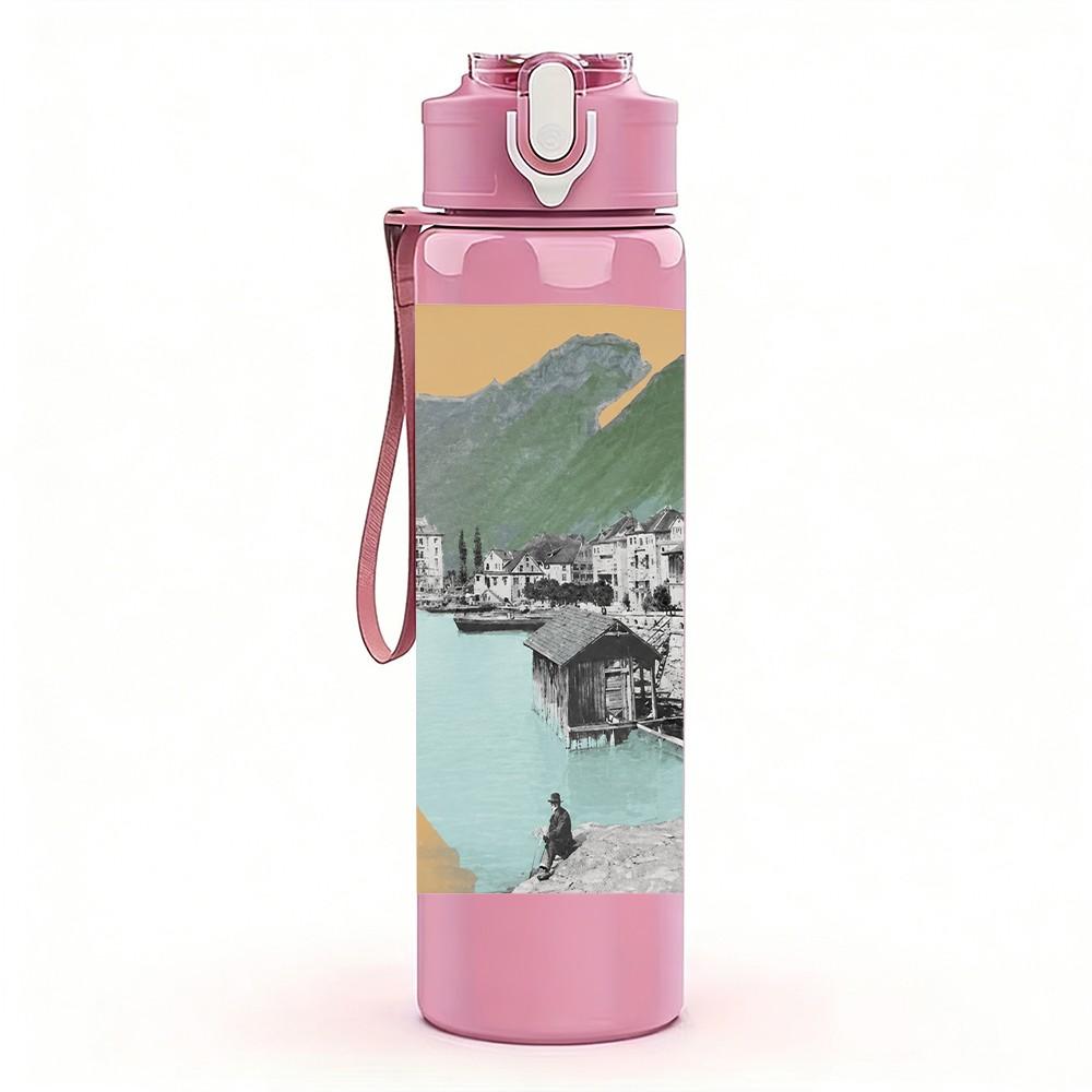 1PC Mountain Scene 750ml sports water bottle leakproof straw lid outdoor office home