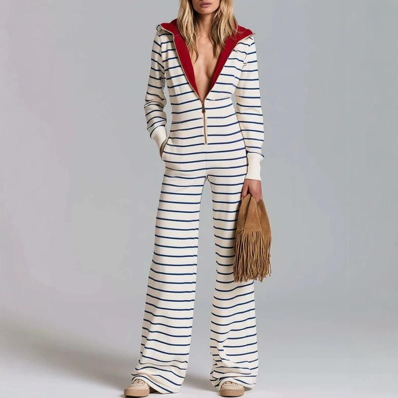 Relaxed Retro Striped Hooded Jumpsuit Wide Leg Long Sleeve Comfortable Casual Outfit Women