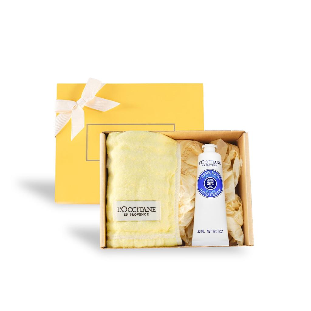 Shea Hand Cream 30mL with Yellow Towel Gift Perfect for Birthdays and Popular Gift for Men and L'OCCITANE Set, Farewells. Women.