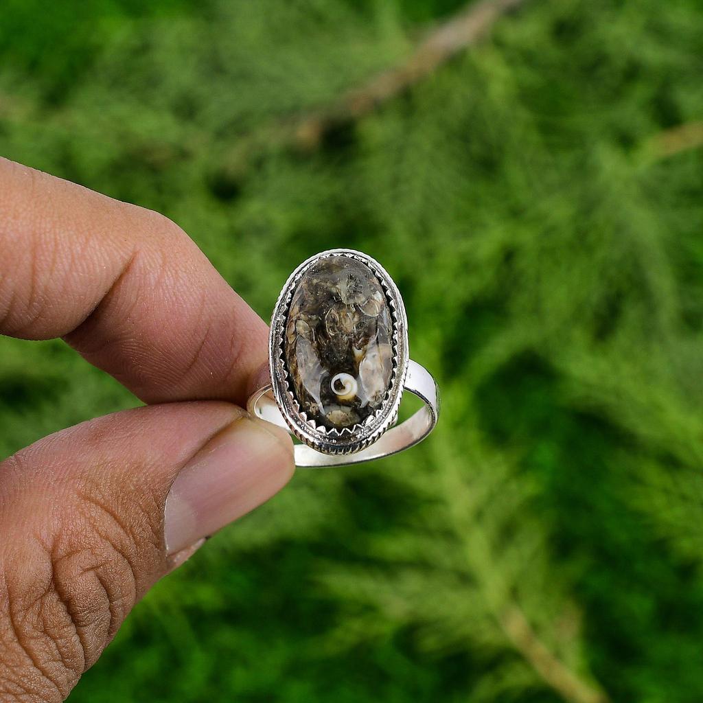 Mothers Day Deal Sterling Silver Natural Turritella Agate Wedding Statement Ring