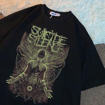 Женская футболка Y2K Гранж Хлопковая Готическая Футболка с Коротким Рукавом Женская Свободная Футболка Y2k с Принтом Уличная Одежда Харадзюку Оверсайз Одежда