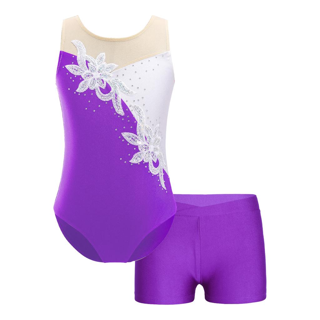 Girls Sleeveless Sequins Rhinestone Leotard Patchwork Design V Front Waistband Shorts Dance Set