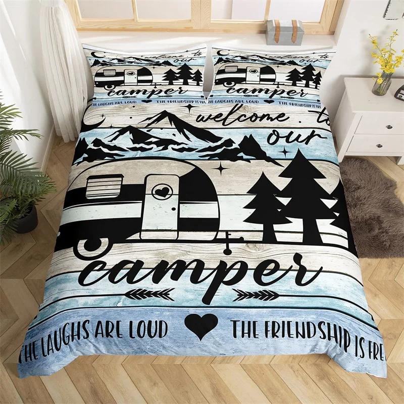 Comforter Happy Camping Queen Full Twin King Camper Theme Comforter With 2 Rustic Farmhouse Style Bedding Set