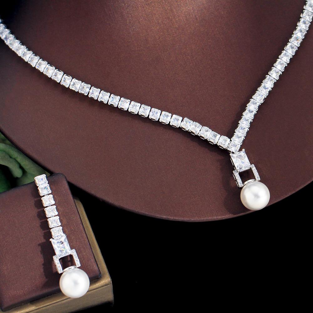 CMM блестящий кубический циркон, свадебное ожерелье из искусственного жемчуга, серьги, вечерние комплекты ювелирных украшений для женщин