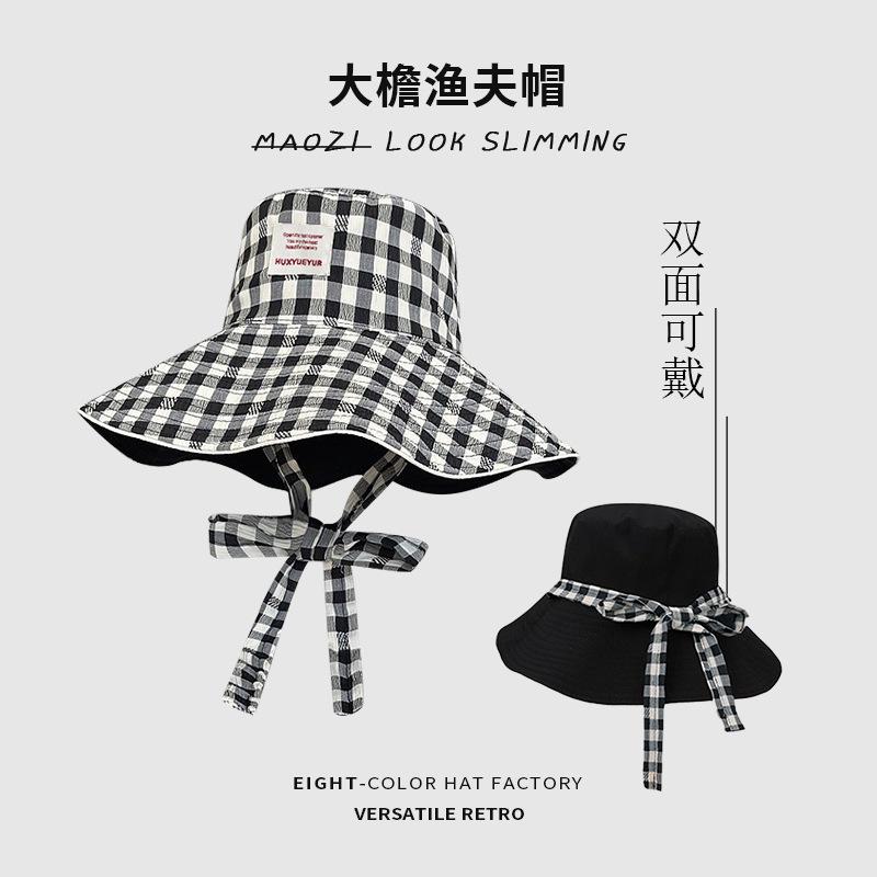 Рыбацкая шляпа в корейском стиле с принтом "гусиная лапка" для женщин, подходит для весны и лета, двусторонняя, с широкими полями, которые визуально уменьшают лицо,