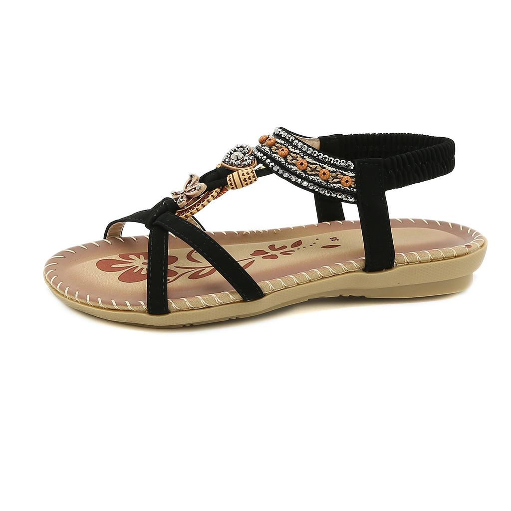 2025 Bohemian Beaded Rhinestone Flower Flat Sandals for Women Open Toe Summer Beach Casual Comfort Sandals