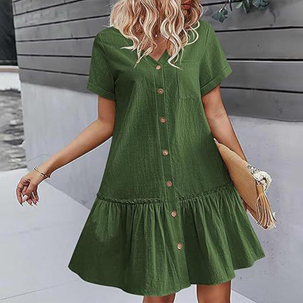 Женское повседневное однотонное свободное платье с v-образным вырезом и пуговицами с короткими рукавами и рюшами по подолу