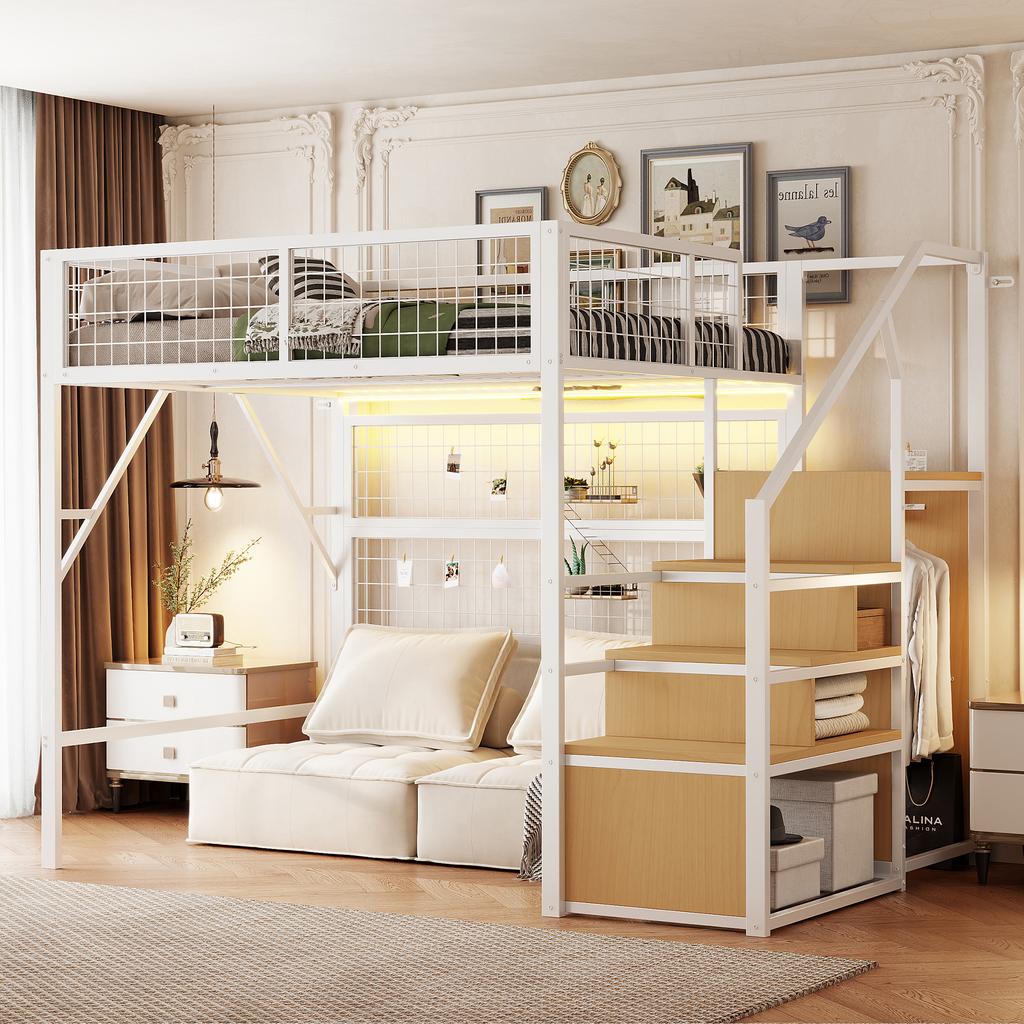 Iron loft bed 140*200, suitable for children and teenagers, versatile, with app-controlled LED light strips, stairs with storage, open wardrobe, white