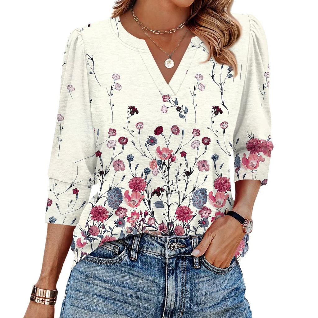 Women's Fashion Casual 3/4 Sleeve Print Shirt Women's V-Neck Tops