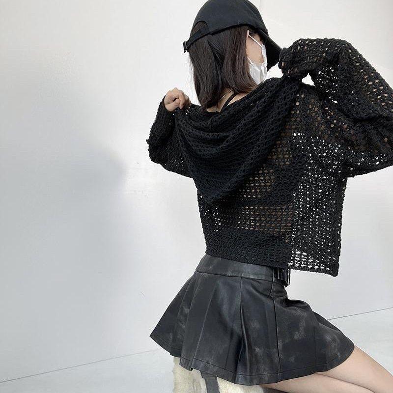 Long Sleeved Sun Protection Cardigan Korean Version Lazy Top Hooded Knitted Spring/summer Short Cut Hollow Knit Sweater