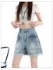 Ge Di Jie's design sense: pockets with curled edges, high waist, loose fit, slimming A-line denim shorts, women's short stature, wide leg hot pants