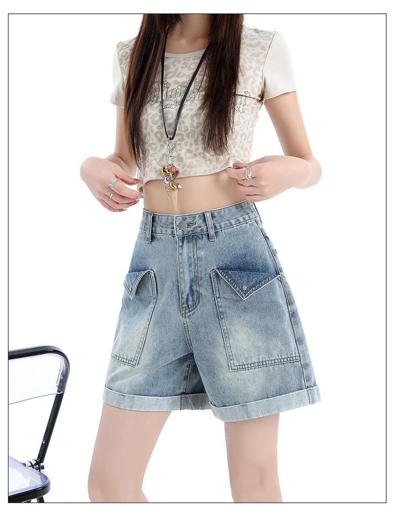 Ge Di Jie's design sense: pockets with curled edges, high waist, loose fit, slimming A-line denim shorts, women's short stature, wide leg hot pants