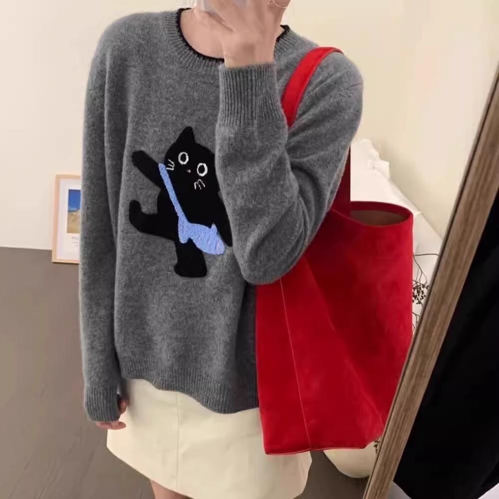 Autumn and winter new top Korean cute sweet wind loose knitted pullover fun cat jacquard soft waxy sweater women