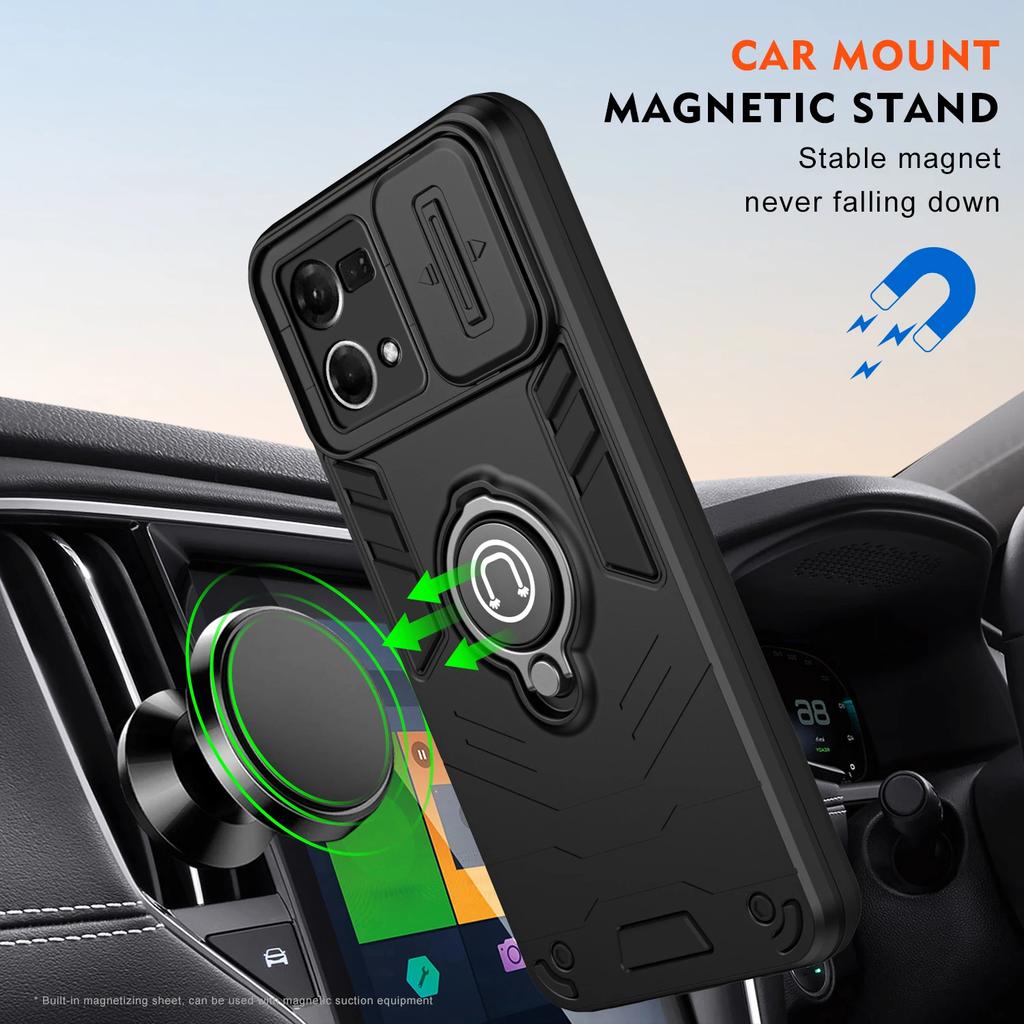 Гибридный противоударный чехол-броня для OPPO F21 Pro Reno8 Reno7 4G Сдвижное окно Металлическое кольцо-держатель Рамка из ТПУ Жесткая пластиковая крышка для телефона