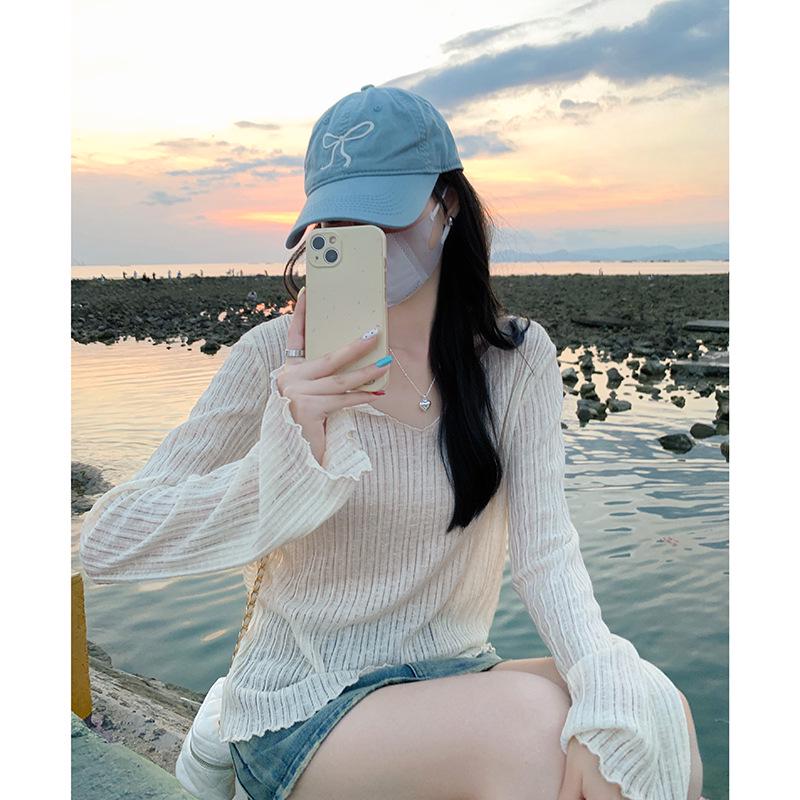 Элегантный кардиган с V-образным вырезом, микро-прозрачный, для защиты от солнца - женская летняя базовая рубашка с длинным рукавом свободного кроя