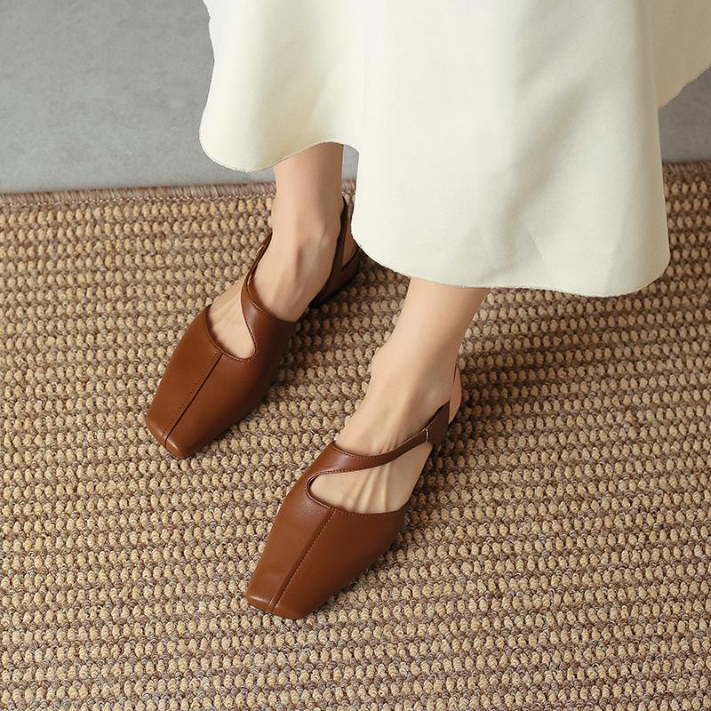 2024 Новые базовые женские босоножки на низком каблуке с квадратным носком и пряжкой на ремешке, туфли-лодочки с открытой пяткой, офисная рабочая обувь из натуральной кожи для женщин