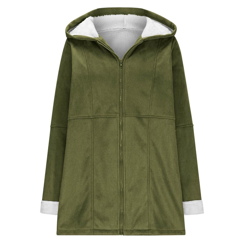 Women's Fashionable Coat Solid Color Long Sleeved Pocket Loose Hooded Zipper Plush Jacket