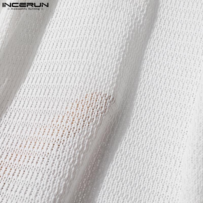 INCERUN Oversized Men Tie Up Long Sleeve Buttons Up Mesh See Through Hollow T-shirts Tops