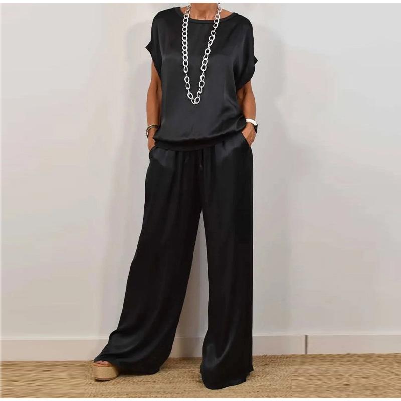 Повседневный однотонный комплект с круглым вырезом, женский модный свободный свитер с коротким рукавом, топы с широкими штанинами, длинные комплекты из 2 предметов для женщин на лето