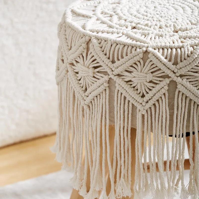 Solid Wood Nordic Makeup Stool Vintage Dressing Stool  Woven Fringe Round Seat  Upholstered Stool for Guesthouses