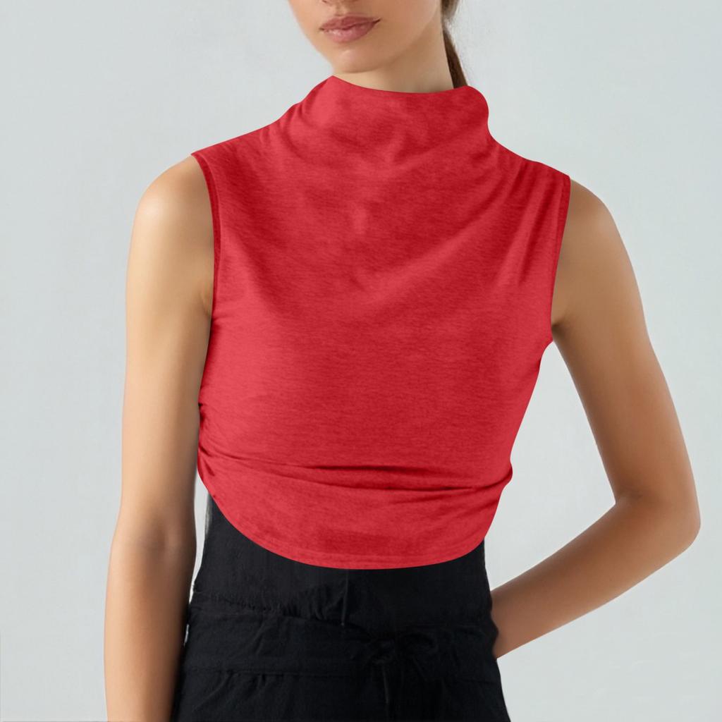 Women's Solid Color Semi-high-neck Sleeveless Vest Pleated  Top T-shirt