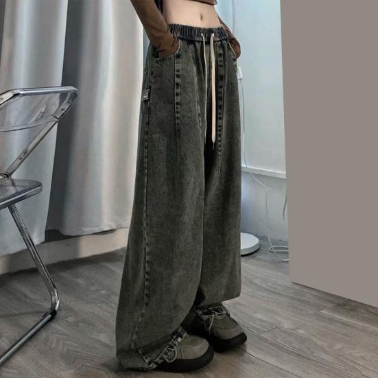 Женские джинсы с широкими штанинами длиной до пола, свободные джинсовые шнурки с эластичной резинкой на талии, сплошной цвет в стиле хип-хоп, уличная одежда, глубокие карманы с промежностью, винтажные прямые длинные брюки