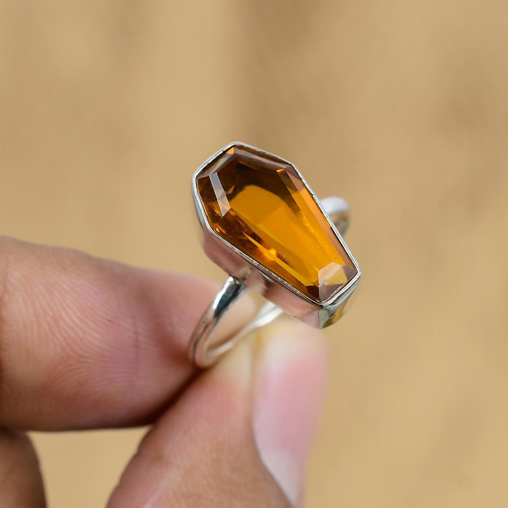 925 Sterling Silver Natural Citrine Elegant Coffin Promise Ethnic Ring Size 7.75