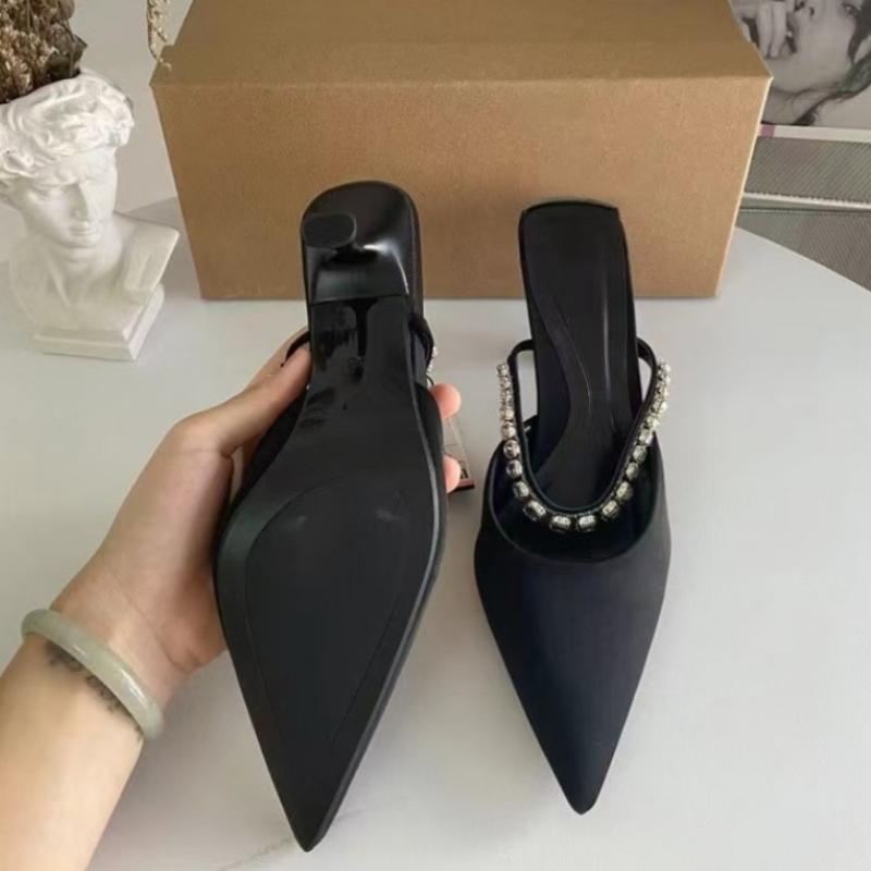 Летние туфли-мюли на высоком каблуке для женщин, бежевые, черные, замшевые, блестящие, с бриллиантовой цепочкой, сексуальные, с острым носком, босоножки для вечеринок, с открытой пяткой