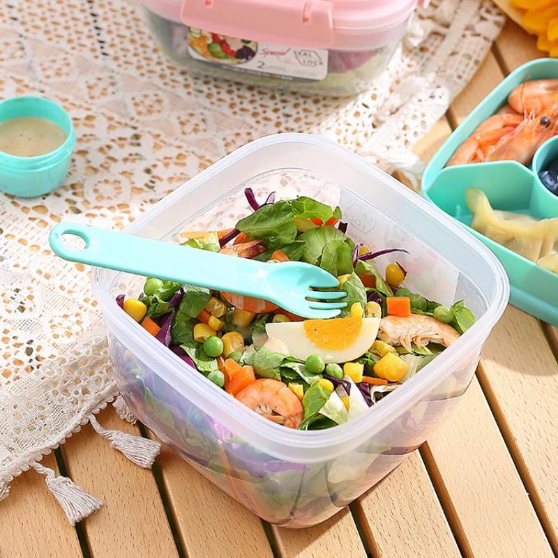 Portable 2 Layer Salad Bowls Lunch Box with Fork Meal Prep Food Storage Container Fresh-keeping Sealed Leakproof Bento Lunchbox