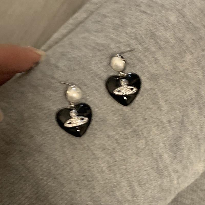 Черные серьги-Сатурн в форме сердца со стразами Уникальный дизайн Высококлассный стиль