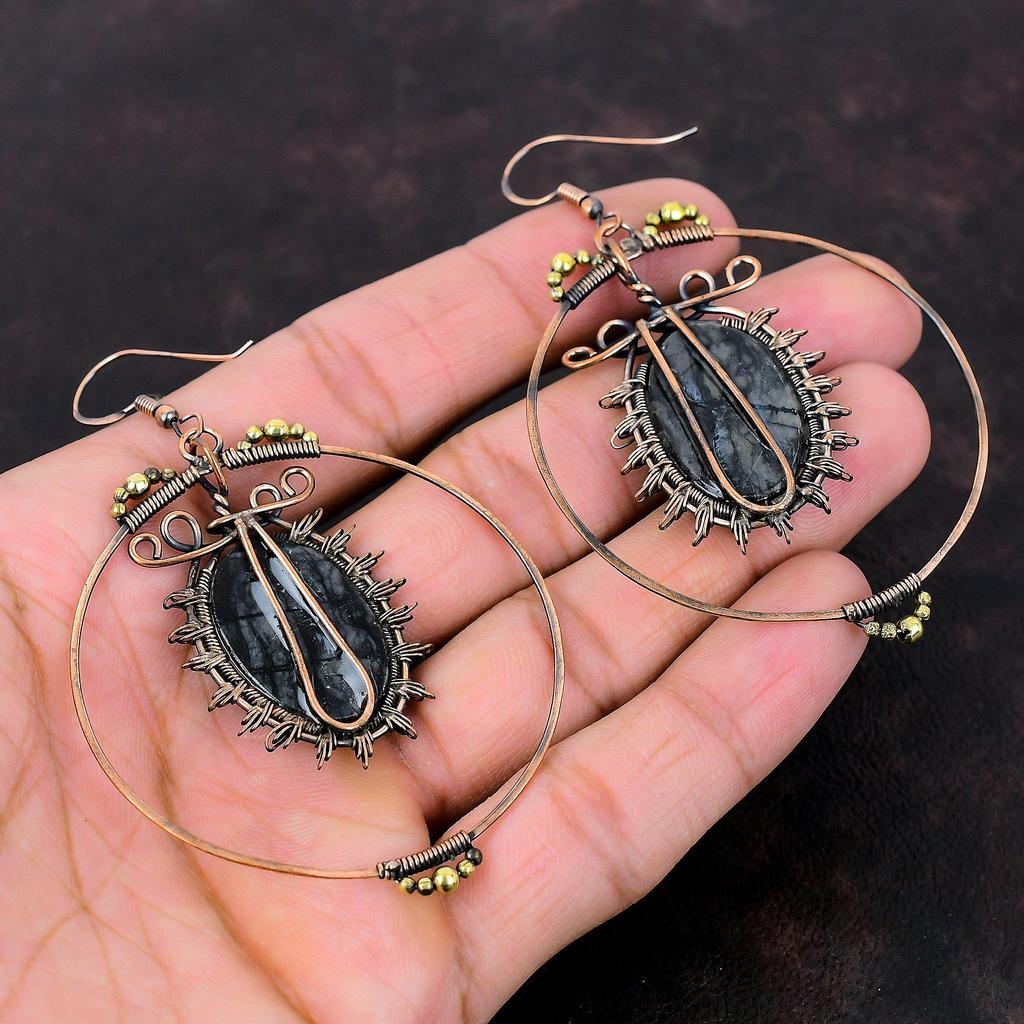 Серьги Picasso Jasper, медные серьги с проволокой, серьги с драгоценными камнями, медные украшения, изящные серьги для женщин, серьги ручной работы, подарок для мамы