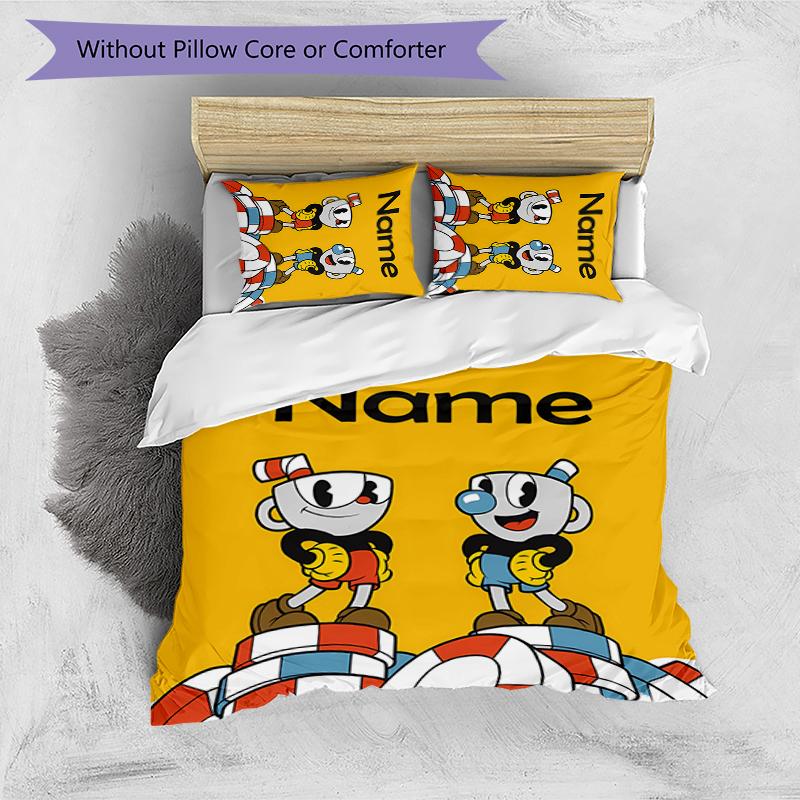 3pcs Custom Name Cuphead Bedding Set Duvet Cover Closure Includes 1 Duvet Cover & 2 Pillowcases for All Seasons Bedroom Decor