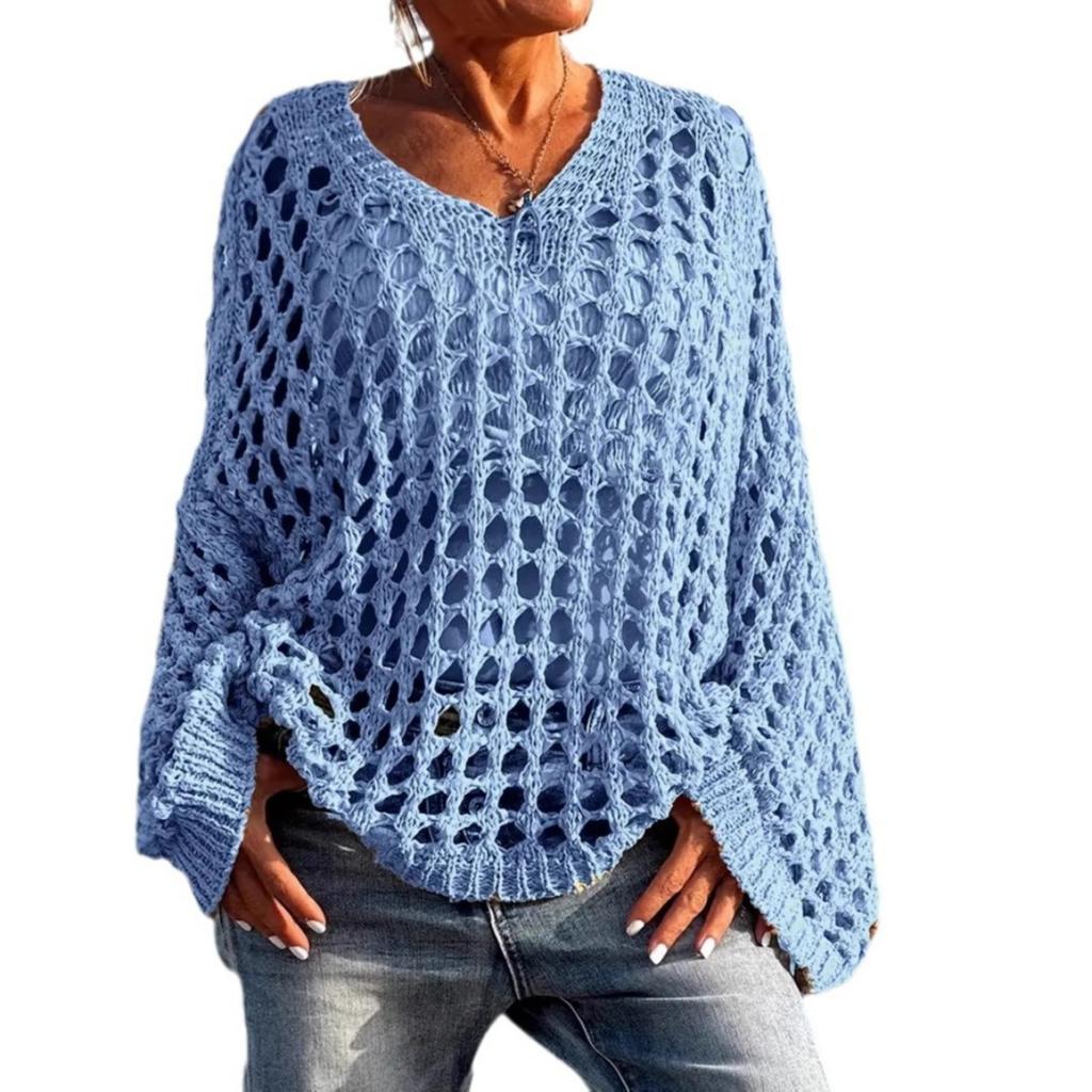 Loose Casual, Versatile Hollowed Out Long-sleeved, Large Size Women's Knit Sweater, Sun Shirt