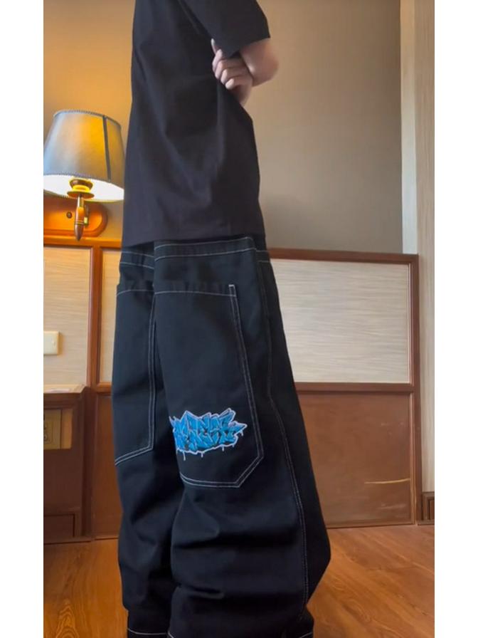 Вышитые мешковатые широкие джинсы Y2K в стиле хип-хоп для мужчин