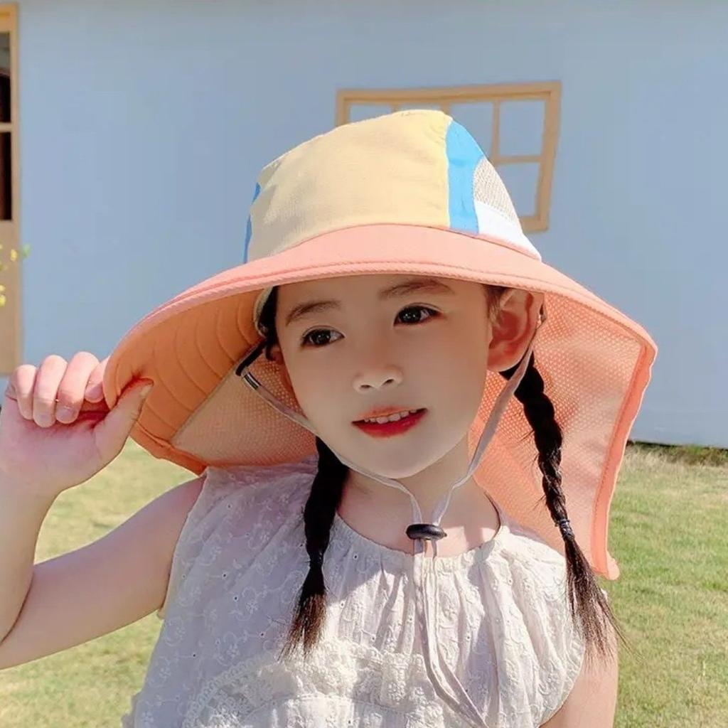 New Neck Flap Baby Sun Hat Polyester with Strap Bucket Hat UV Protection Breathable Wide Brim Beach Hats for Boys Girls