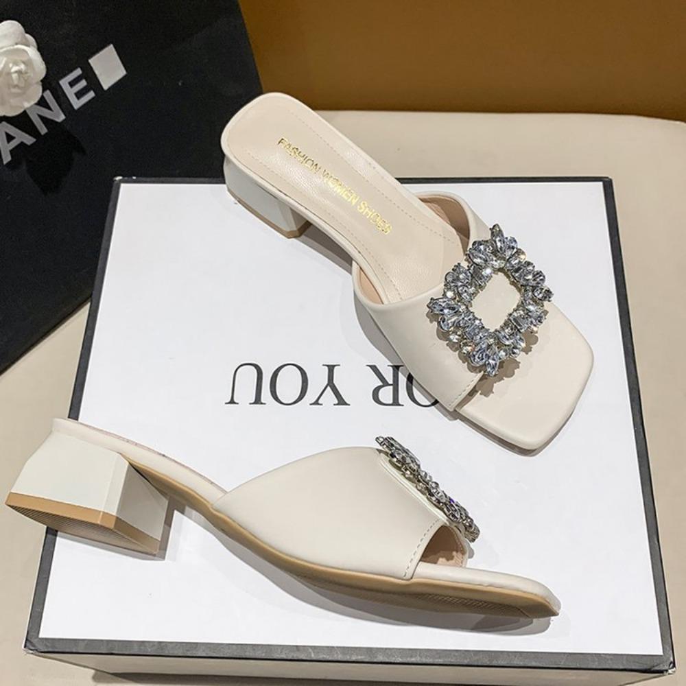 Новые тапочки, женская летняя верхняя одежда, квадратная головка, одна линия, ромбовидная пряжка, тапочки на среднем каблуке, дизайнерские сандалии