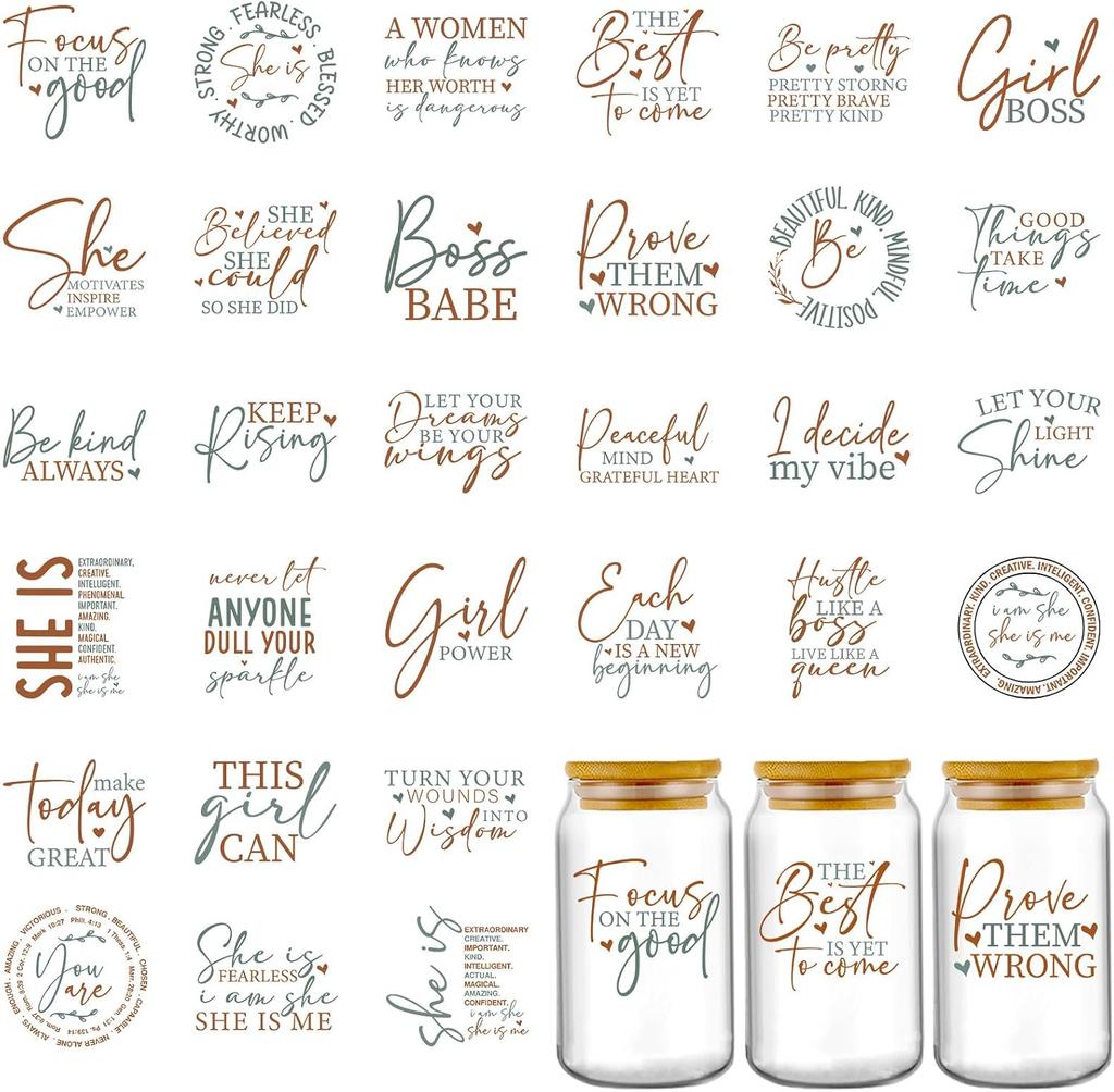 UV DTF Cup Wraps - 30 Sheets Strong Women Inspirational Quotes UV DTF Stickers for 16 oz Glass, BeKind Always Motivational Quotes Transfer Sticker DIY