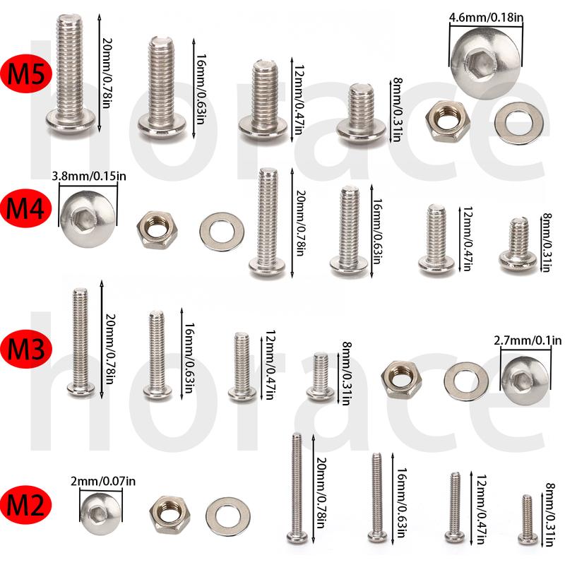 880pcs-stainless steel round cup hex bolt, nut, and washer set - M2-M5 sizes, includes hex wrench, suitable for DIY and repair.