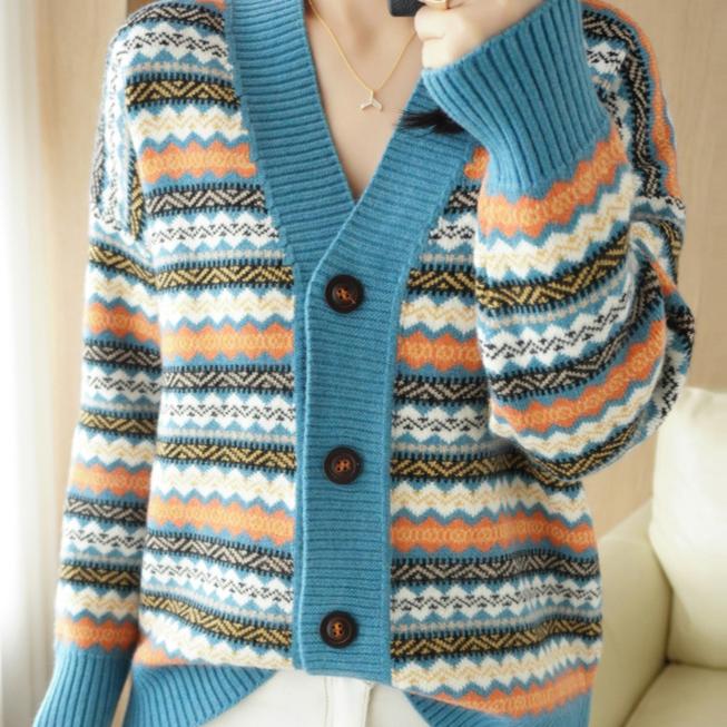 Fashion Casual Striped Cardigan Women's V-neck Casual Spring Autumn Vintage Jacquard Sweater Knitted Sweater Jacket