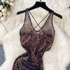 Sequins Erotic Camisole One Piece Dress Women Off Shoulder Short Split Skinny Party Dresses Female Fashion Cross Backless Club Sexy Dress 2024