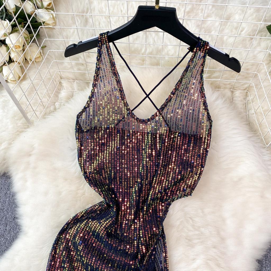 Sequins Erotic Camisole One Piece Dress Women Off Shoulder Short Split Skinny Party Dresses Female Fashion Cross Backless Club Sexy Dress 2024