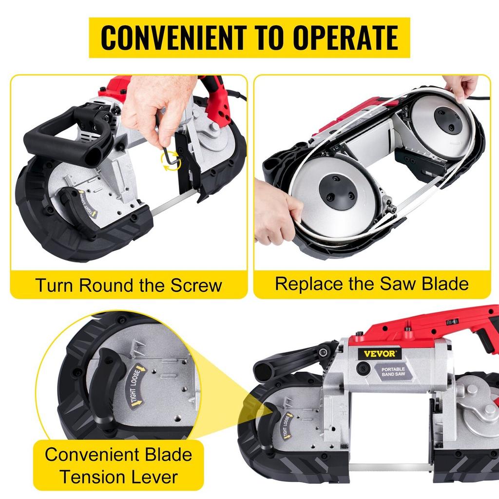 Portable Band Saw, with Removable Alloy Steel Base Cordless Band Saw, 5 Inch Cutting Capacity Hand held Band Saw,Variable Speed Portable Bandsaw,
