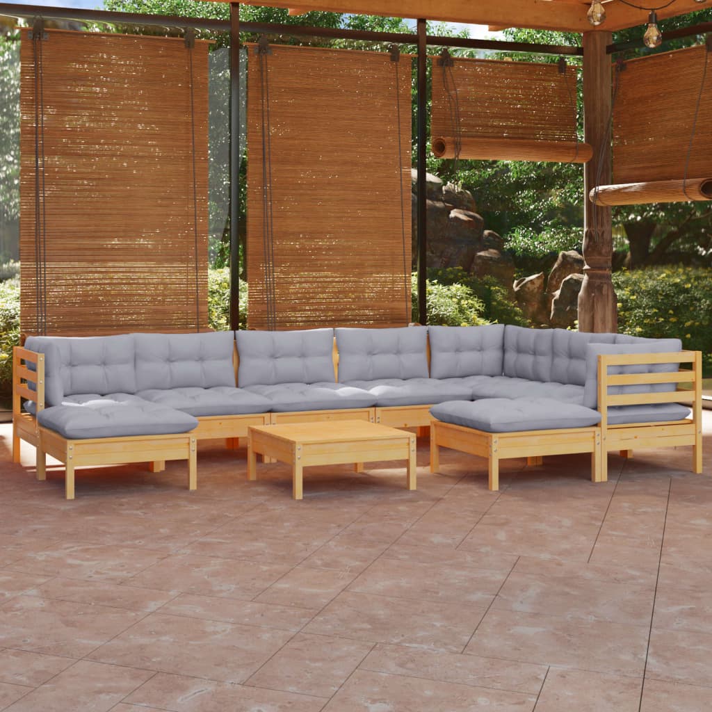 10 Piece Garden Lounge Set with Grey Cushions Solid Pine Wood