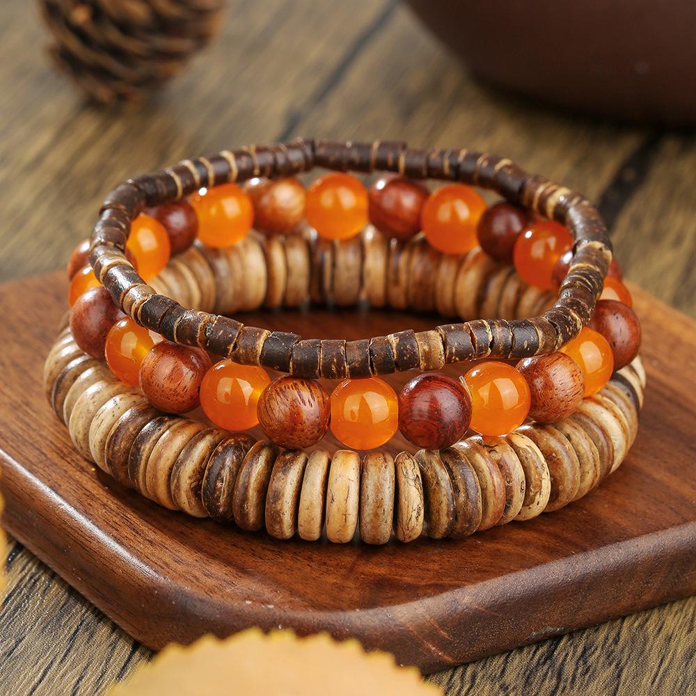 Hot-selling summer handmade beaded bracelet men's retro style multi-layer elastic line wooden bead coconut shell agate bracelet