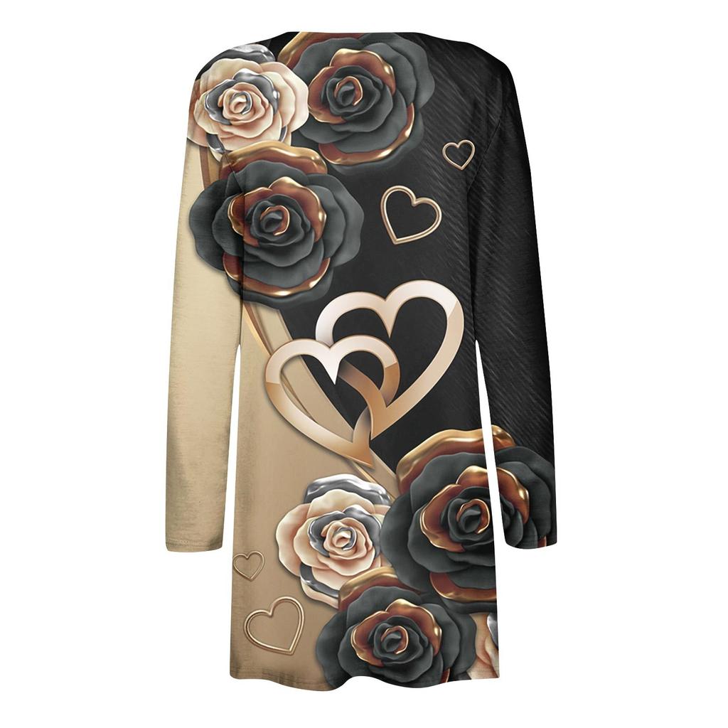 Women's Fashion Loose Casual Pocket Flower Print Long Sleeve Cardigan Jacket Tops