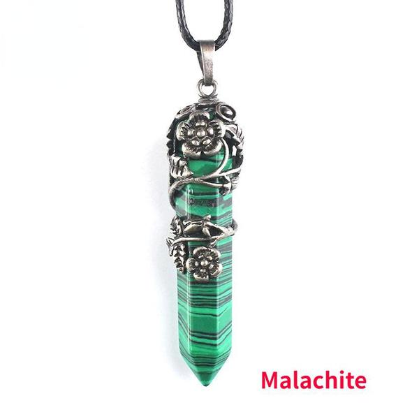 Мода Натуральный Кристалл Шестиугольная Колонка Винтаж Сплав Роза Кулон Аметист Кристалл Ожерелье