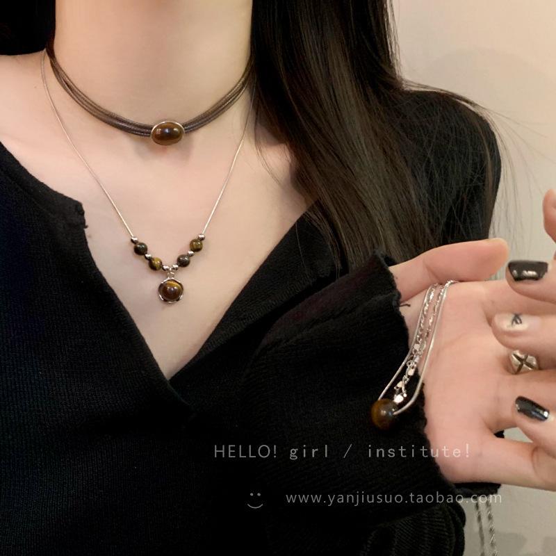 Ретро-кожаное ожерелье с тигровым глазом: Чокер в китайском стиле для женщин, универсальный аксессуар для ключицы с цепочкой «Темперамент»