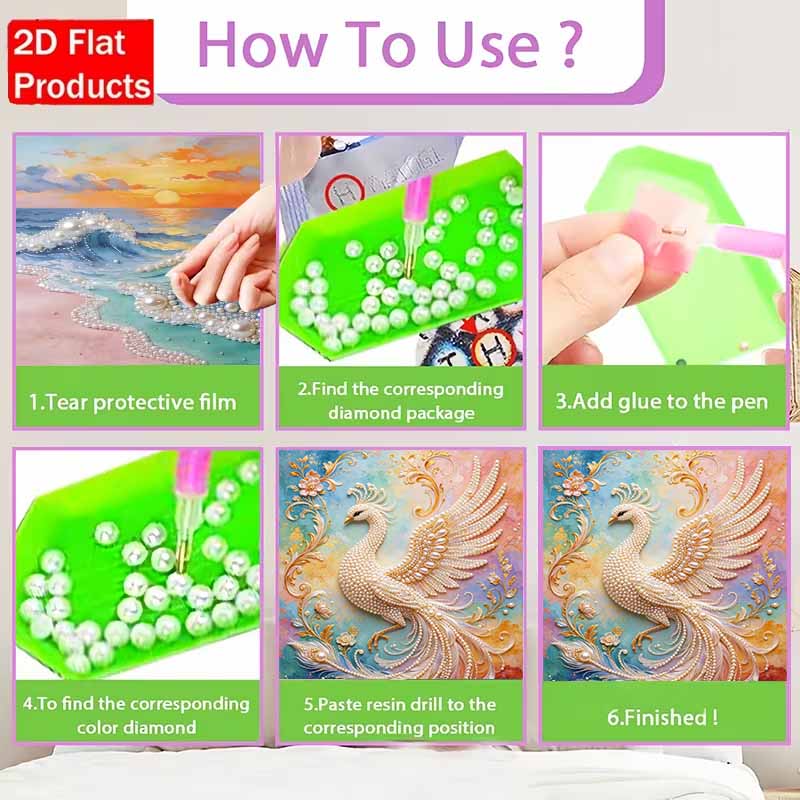 Pearl painting kit, 5D pearl shaped diamond elegant white phoenix painting kit suitable for home living room, bedroom, study room wall art gifts