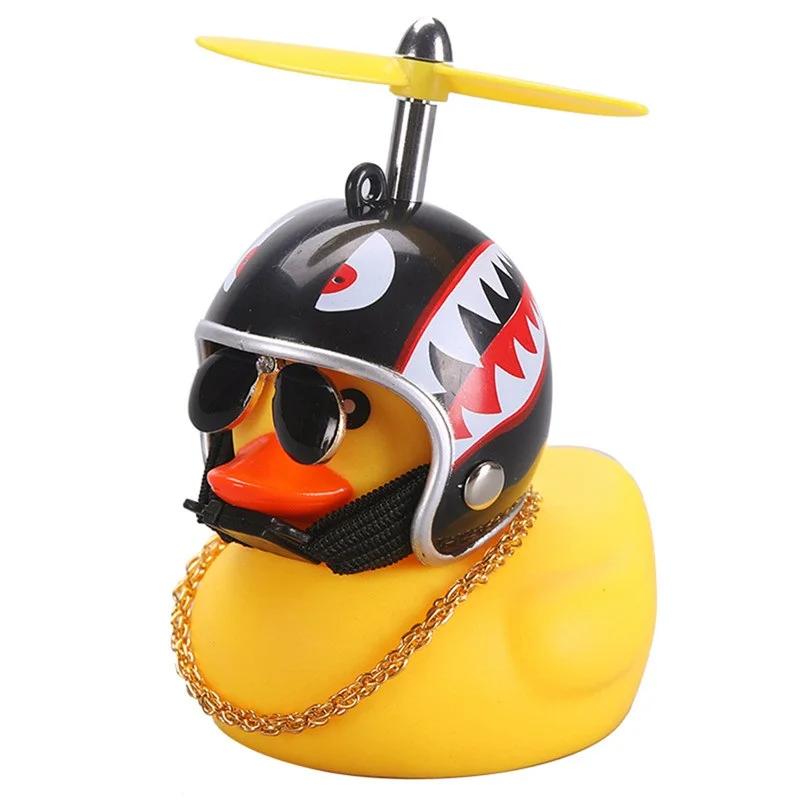 Rubber Cute Duck Toy Car Ornaments Yellow Duck Car Dashboard Decorations Cool Glasses Duck with Propeller Helmet Gold Chain