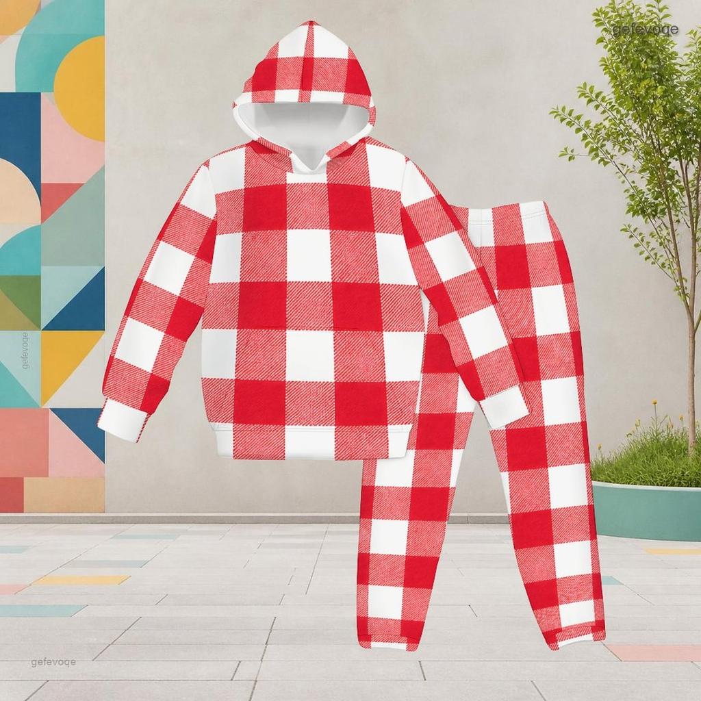 Girls Red White Plaid Printed Hooded Long Sleeve Two Piece Set Kangaroo Pocket Cuffed Pants